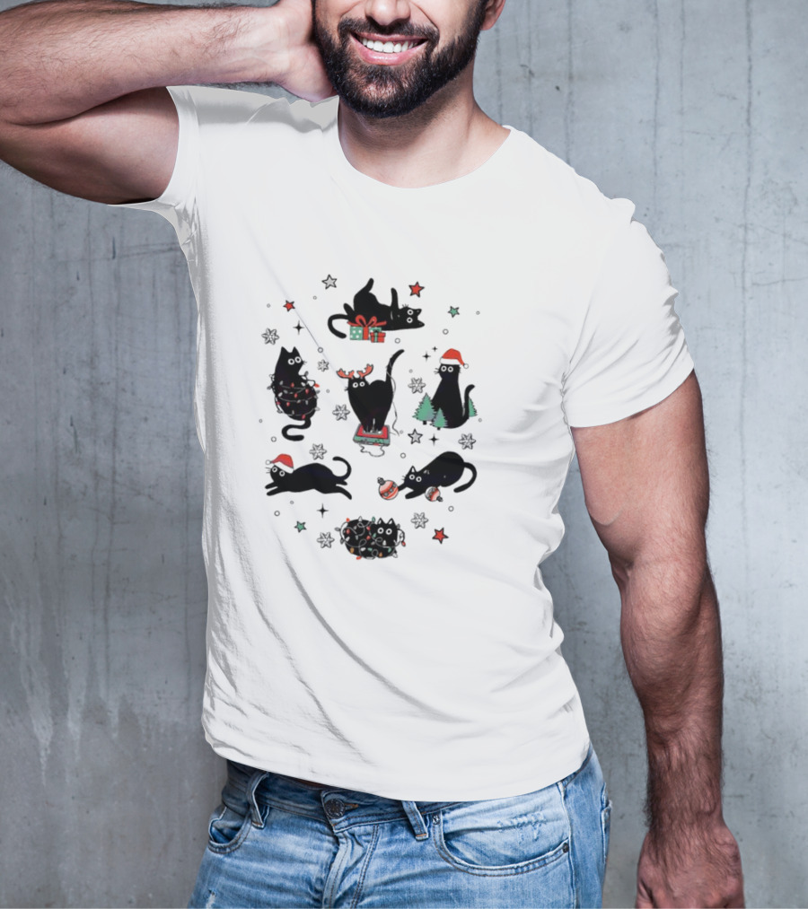 Christmas Black Cat Santa Hat Presents Lights Trees T-Shirt