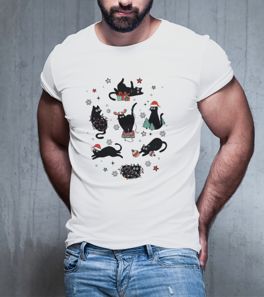 Christmas Black Cat Santa Hat Presents Lights Trees T-Shirt