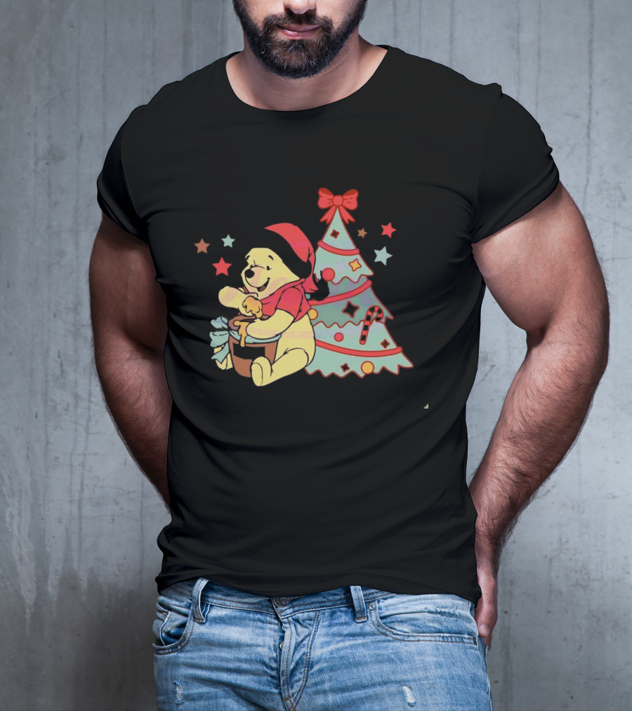 Winni The Pooh Bear Christmas Hunny Jar And Festive Tree T-Shirt
