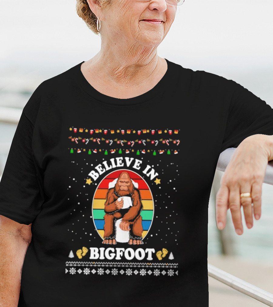 Believe In Bigfoot With Toilet Humor And Christmas Icons T-Shirt