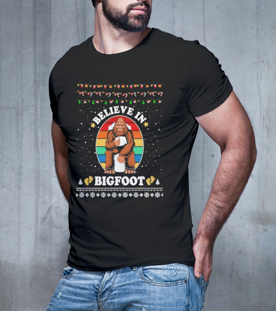 Believe In Bigfoot With Toilet Humor And Christmas Icons T-Shirt