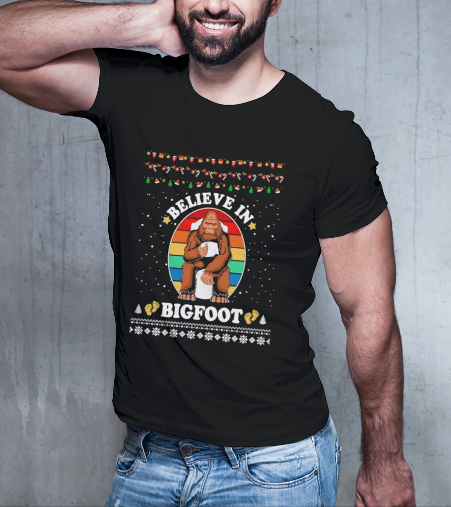 Believe In Bigfoot With Toilet Humor And Christmas Icons T-Shirt