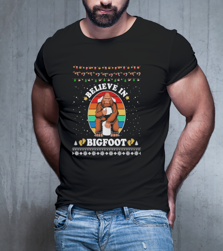 Believe In Bigfoot With Toilet Humor And Christmas Icons T-Shirt