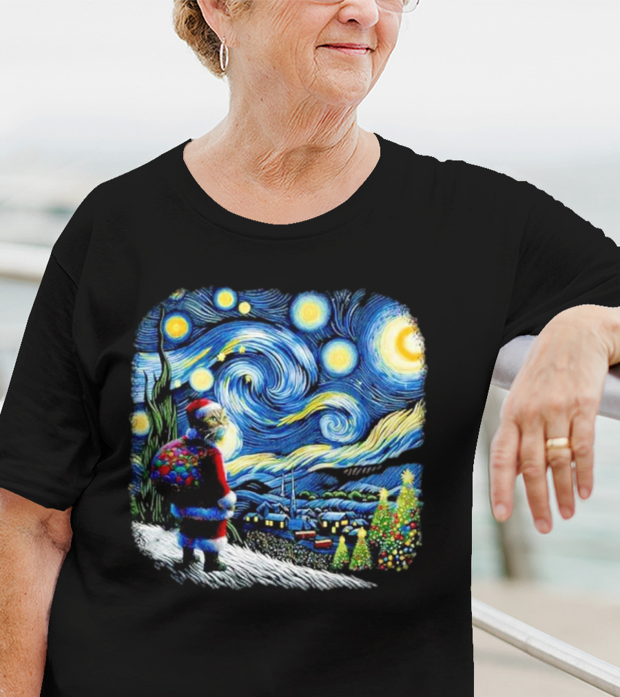 Cat Santa Paws Van Gogh Starry Night Christmas Holiday Scene T-Shirt