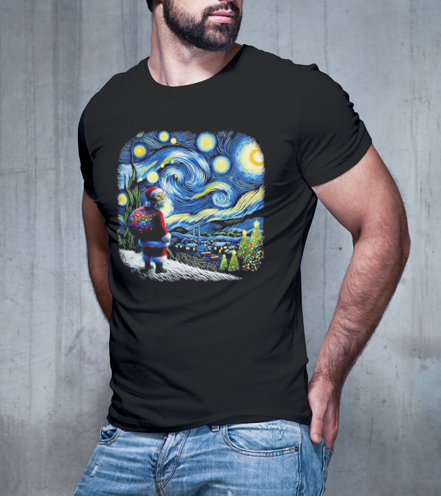 Cat Santa Paws Van Gogh Starry Night Christmas Holiday Scene T-Shirt