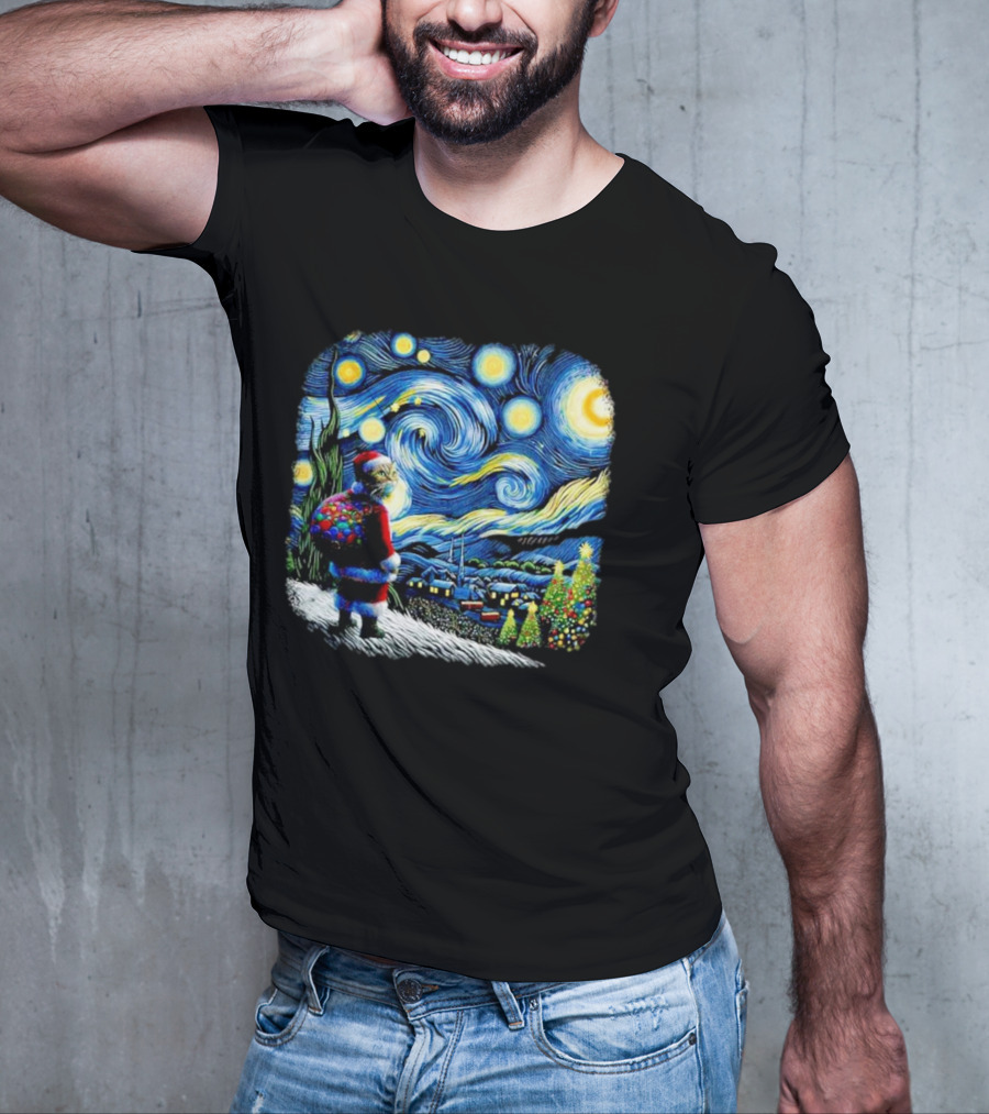 Cat Santa Paws Van Gogh Starry Night Christmas Holiday Scene T-Shirt