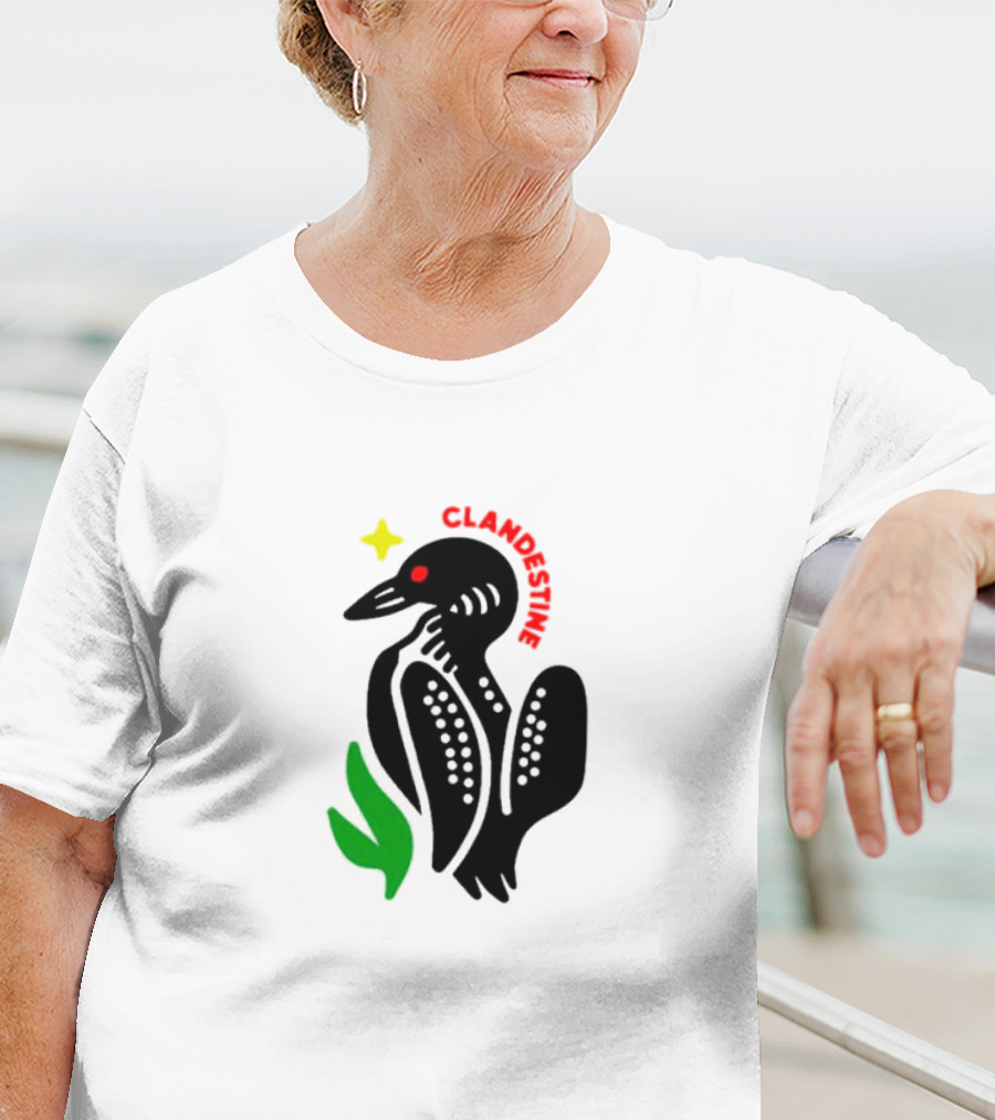 Clandestine Loon Bird With Star And Green Leaf Elements T-Shirt
