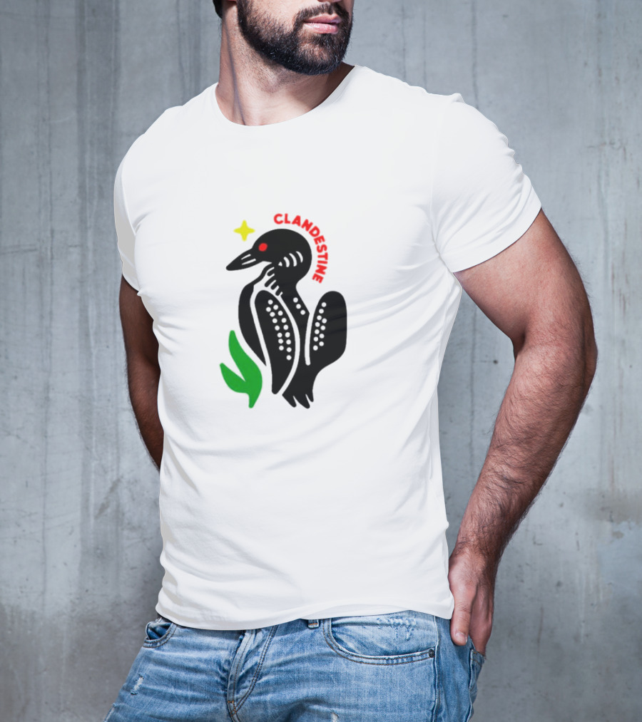 Clandestine Loon Bird With Star And Green Leaf Elements T-Shirt