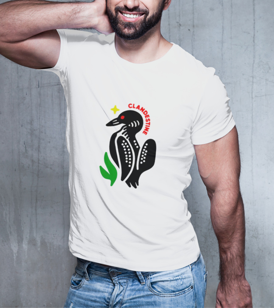 Clandestine Loon Bird With Star And Green Leaf Elements T-Shirt