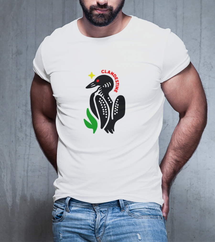 Clandestine Loon Bird With Star And Green Leaf Elements T-Shirt