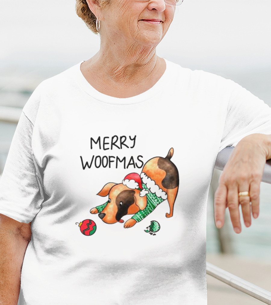 Merry Woofmas Dog In Santa Hat And Sweater With Christmas T-Shirt
