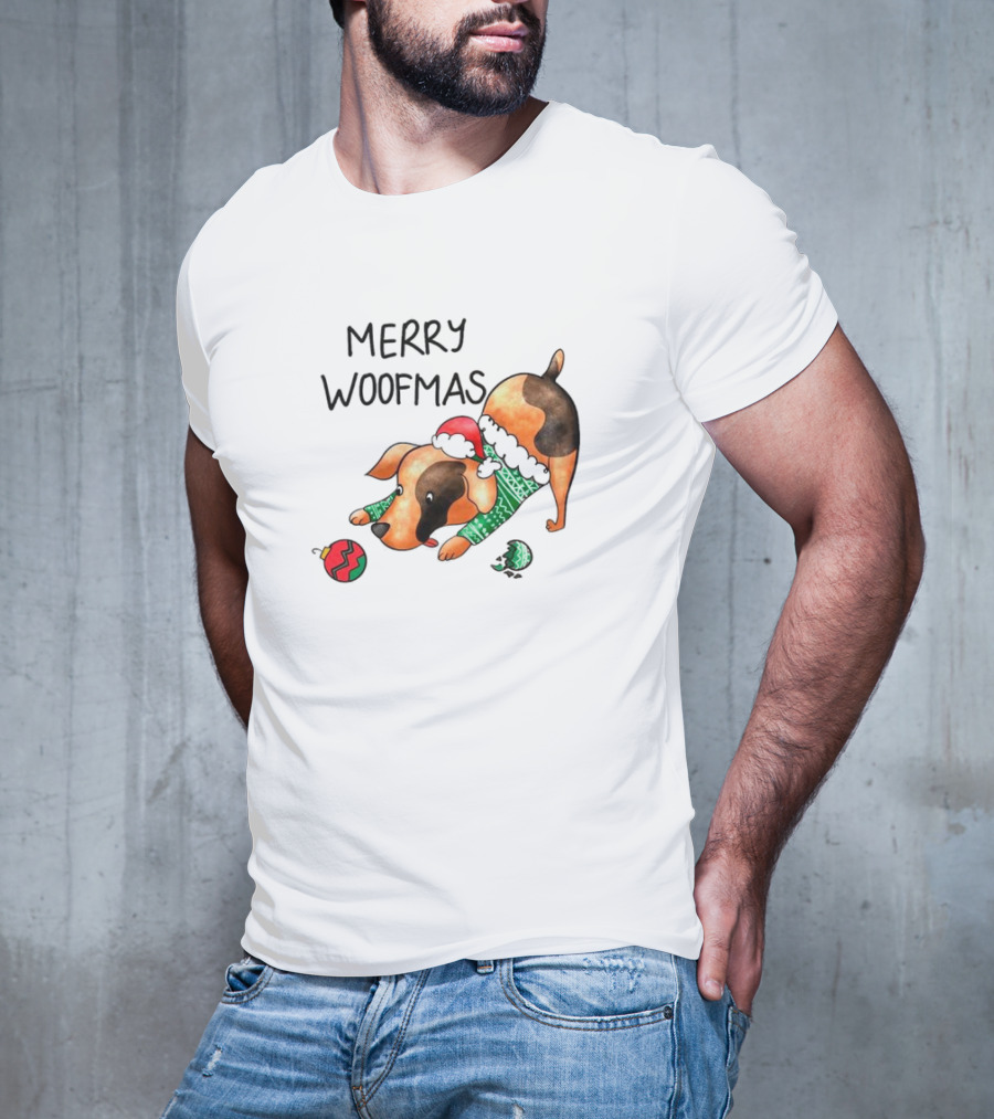 Merry Woofmas Dog In Santa Hat And Sweater With Christmas T-Shirt