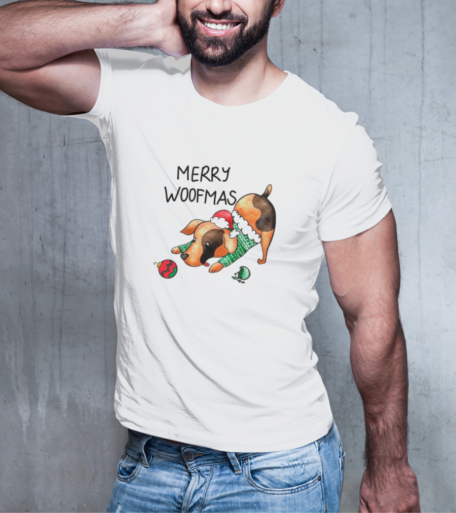 Merry Woofmas Dog In Santa Hat And Sweater With Christmas T-Shirt