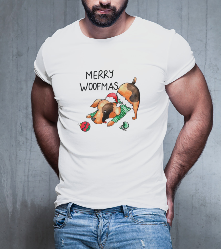 Merry Woofmas Dog In Santa Hat And Sweater With Christmas T-Shirt