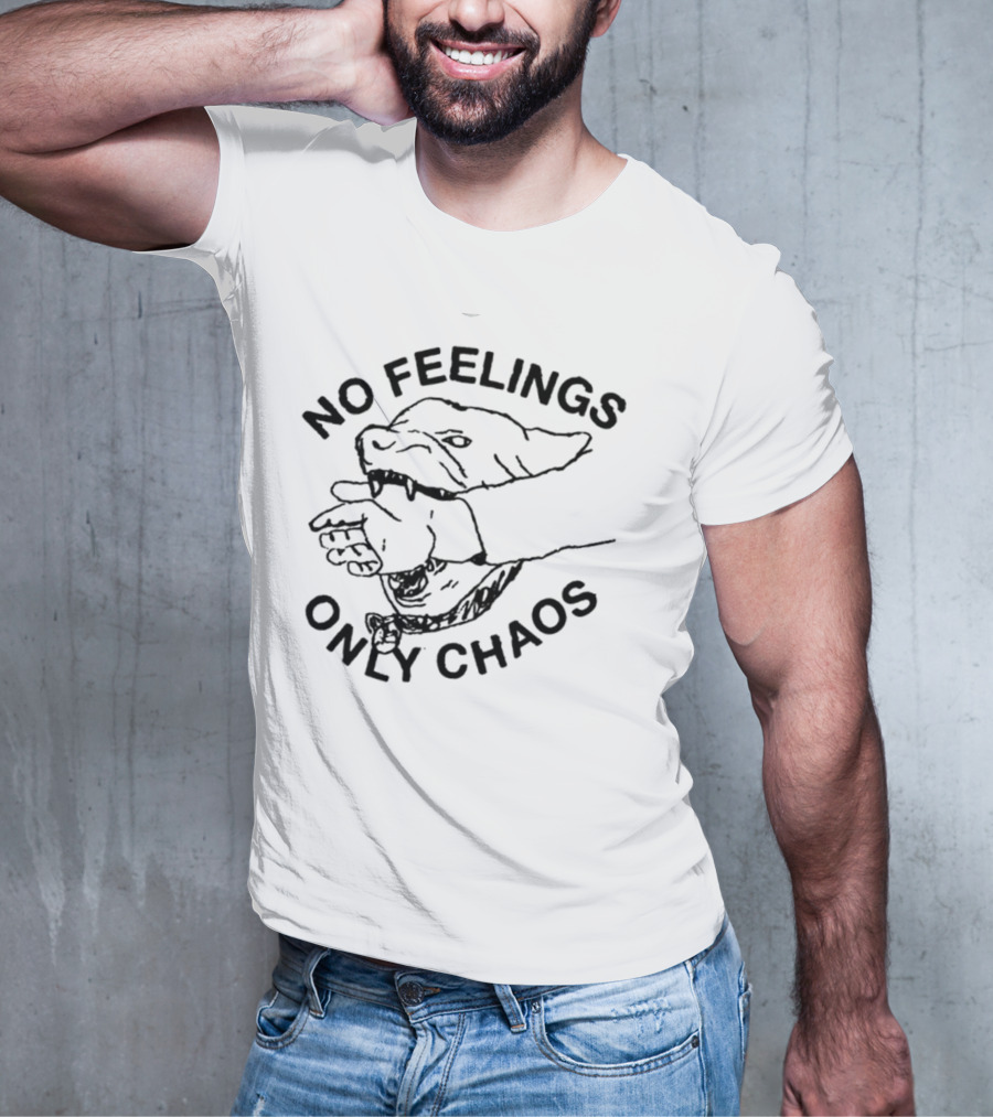 No Feelings Only Chaos Hand-Biting Shark Drawing T-Shirt