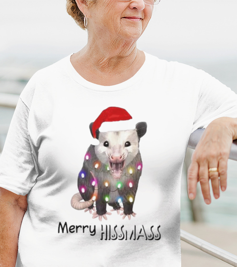 Merry Hissmas Opossum Santa Hat Christmas Lights T-Shirt