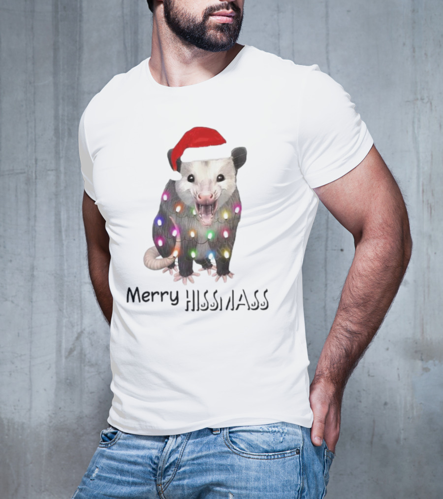 Merry Hissmas Opossum Santa Hat Christmas Lights T-Shirt