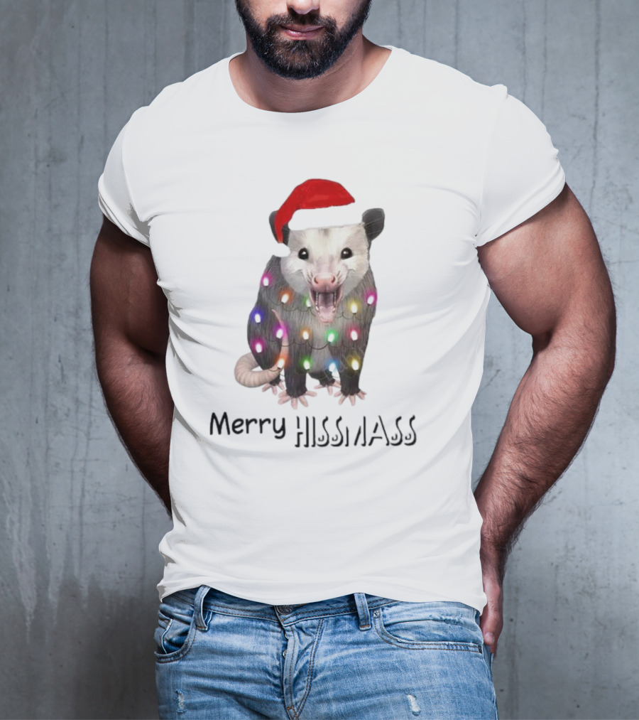Merry Hissmas Opossum Santa Hat Christmas Lights T-Shirt