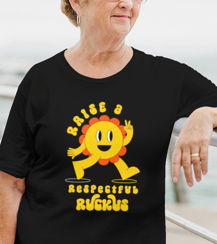 RAISE A RESPECTFUL RUCKUS CHARACTER WALKING WITH PEACE SIGN YELLOW AND ORANGE T-Shirt