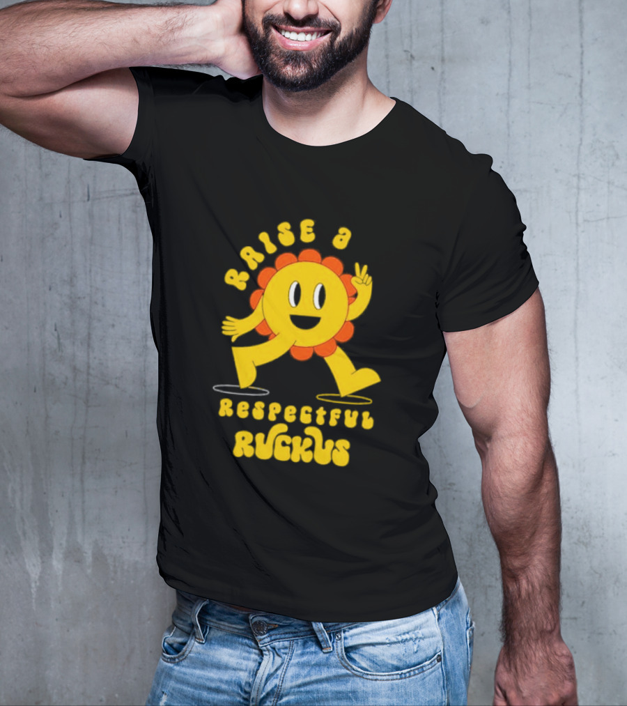 RAISE A RESPECTFUL RUCKUS CHARACTER WALKING WITH PEACE SIGN YELLOW AND ORANGE T-Shirt