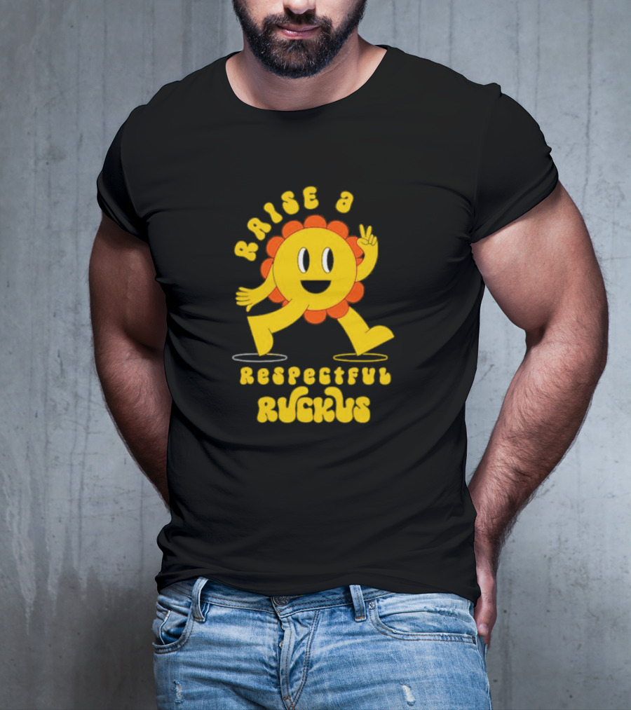 RAISE A RESPECTFUL RUCKUS CHARACTER WALKING WITH PEACE SIGN YELLOW AND ORANGE T-Shirt