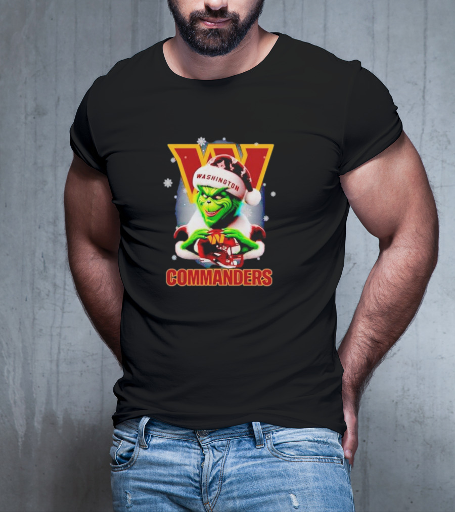 The Grinch Wearing Santa Hat Holding Gift For Washington Commanders Christmas T-Shirt
