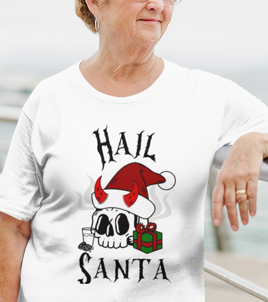 Hail Santa Skull With Devilish Santa Hat And Christmas Present T-Shirt