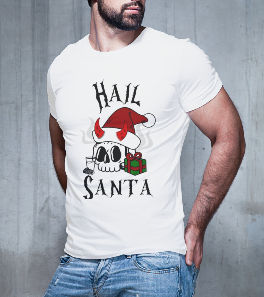 Hail Santa Skull With Devilish Santa Hat And Christmas Present T-Shirt