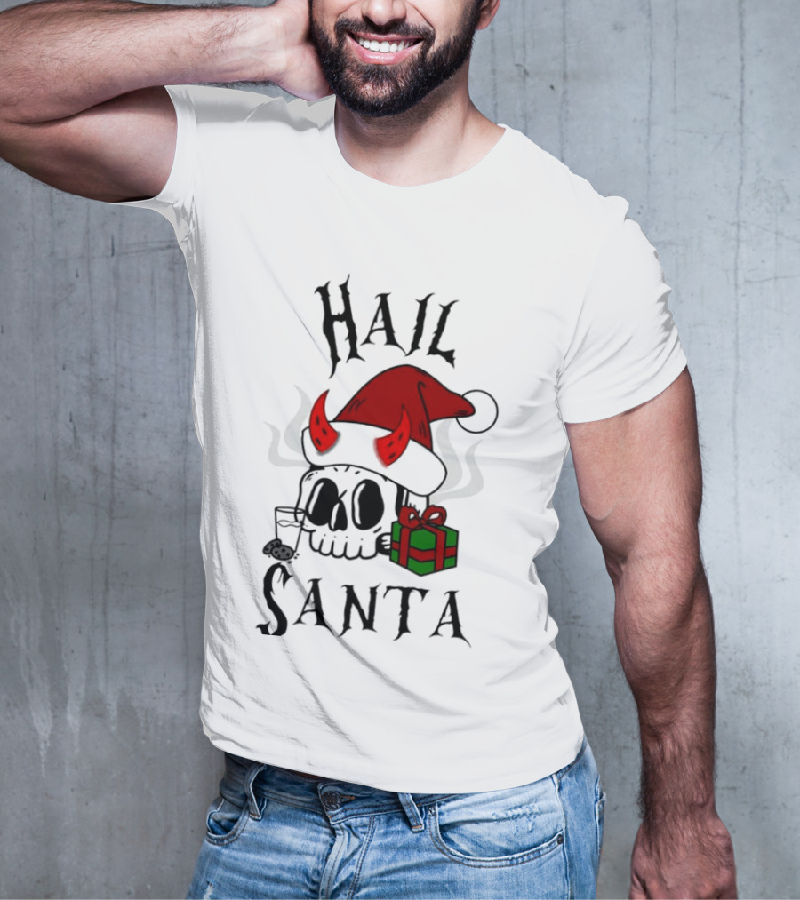 Hail Santa Skull With Devilish Santa Hat And Christmas Present T-Shirt