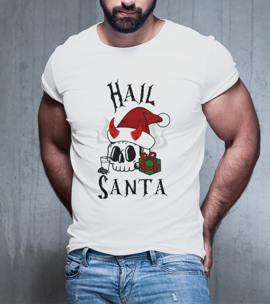 Hail Santa Skull With Devilish Santa Hat And Christmas Present T-Shirt