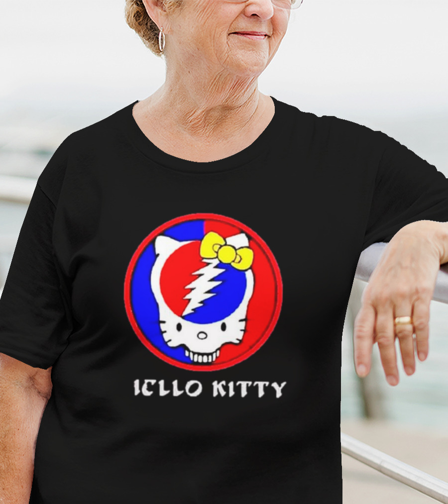 Hello Kitty Grateful Dead Skull Icon With Lightning Bolt And Yellow Bow T-Shirt