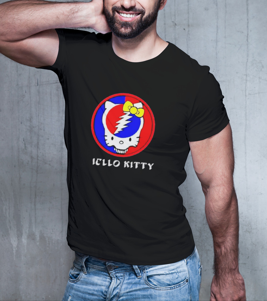 Hello Kitty Grateful Dead Skull Icon With Lightning Bolt And Yellow Bow T-Shirt
