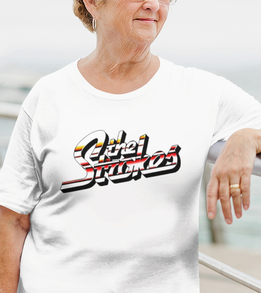 The Strokes Striped Text With Red And Yellow Accents T-Shirt
