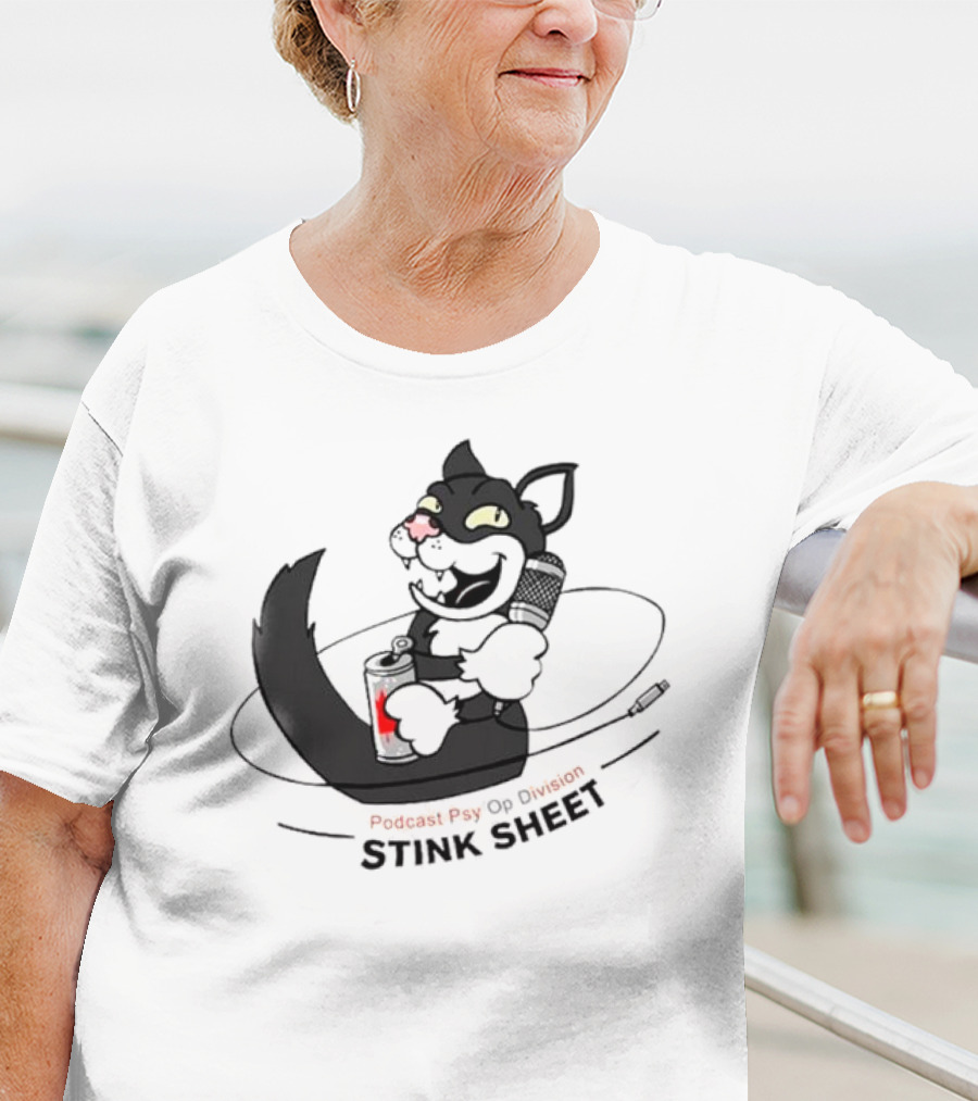Podcast Psy Op Division Stink Sheet Mischievous Cartoon Cat With Microphone And Spray Can T-Shirt