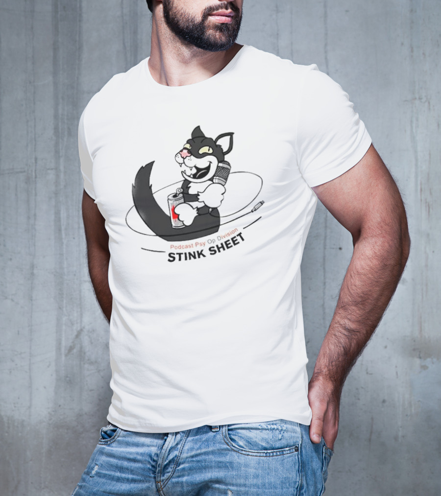 Podcast Psy Op Division Stink Sheet Mischievous Cartoon Cat With Microphone And Spray Can T-Shirt