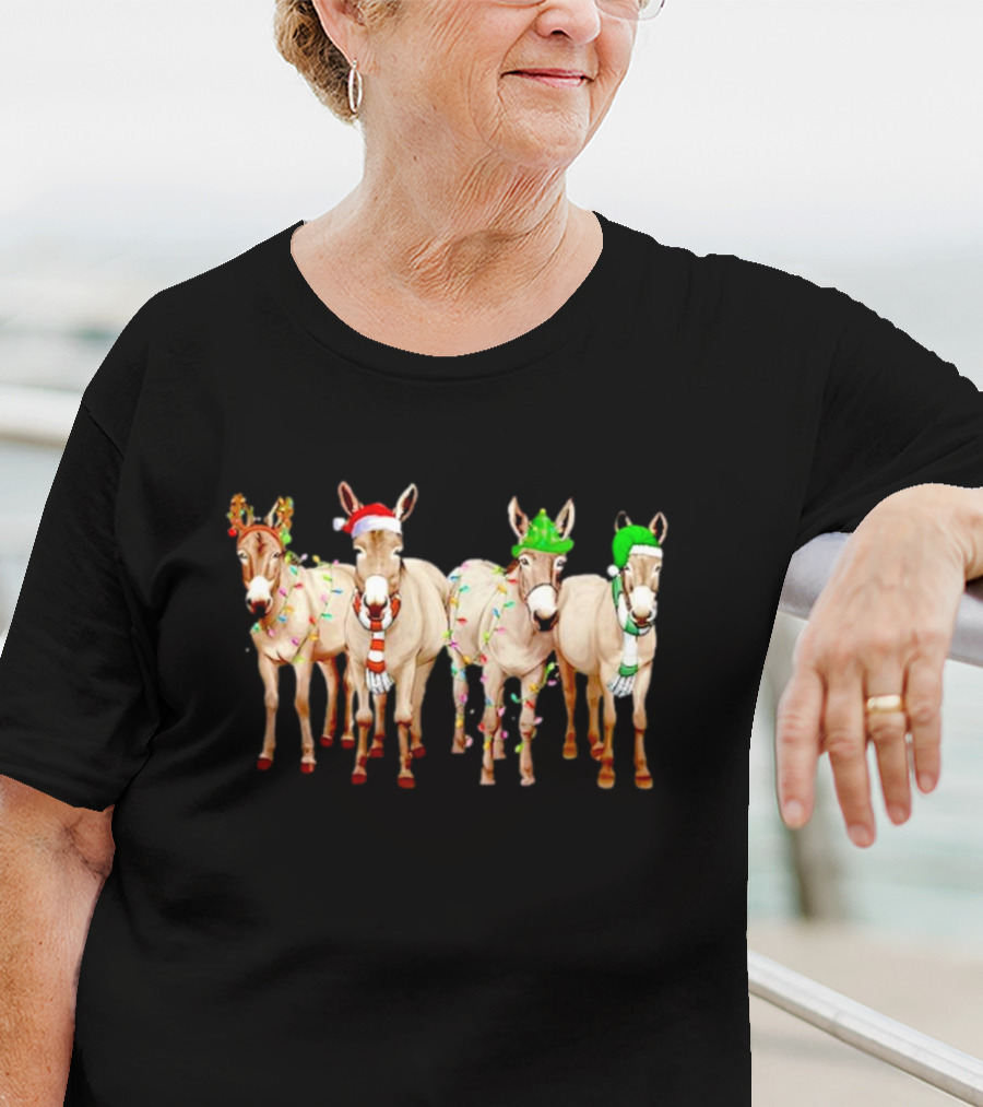 Merry Christmas Donkey Festive Holiday Lights With Reindeer Antlers And Santa Hats T-Shirt