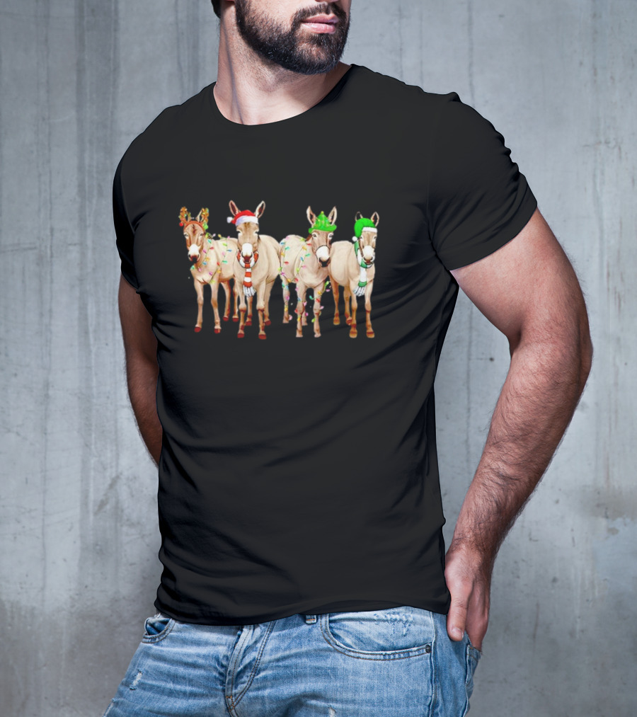 Merry Christmas Donkey Festive Holiday Lights With Reindeer Antlers And Santa Hats T-Shirt