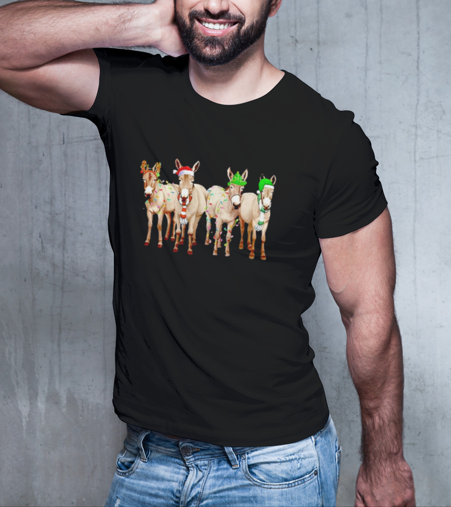 Merry Christmas Donkey Festive Holiday Lights With Reindeer Antlers And Santa Hats T-Shirt