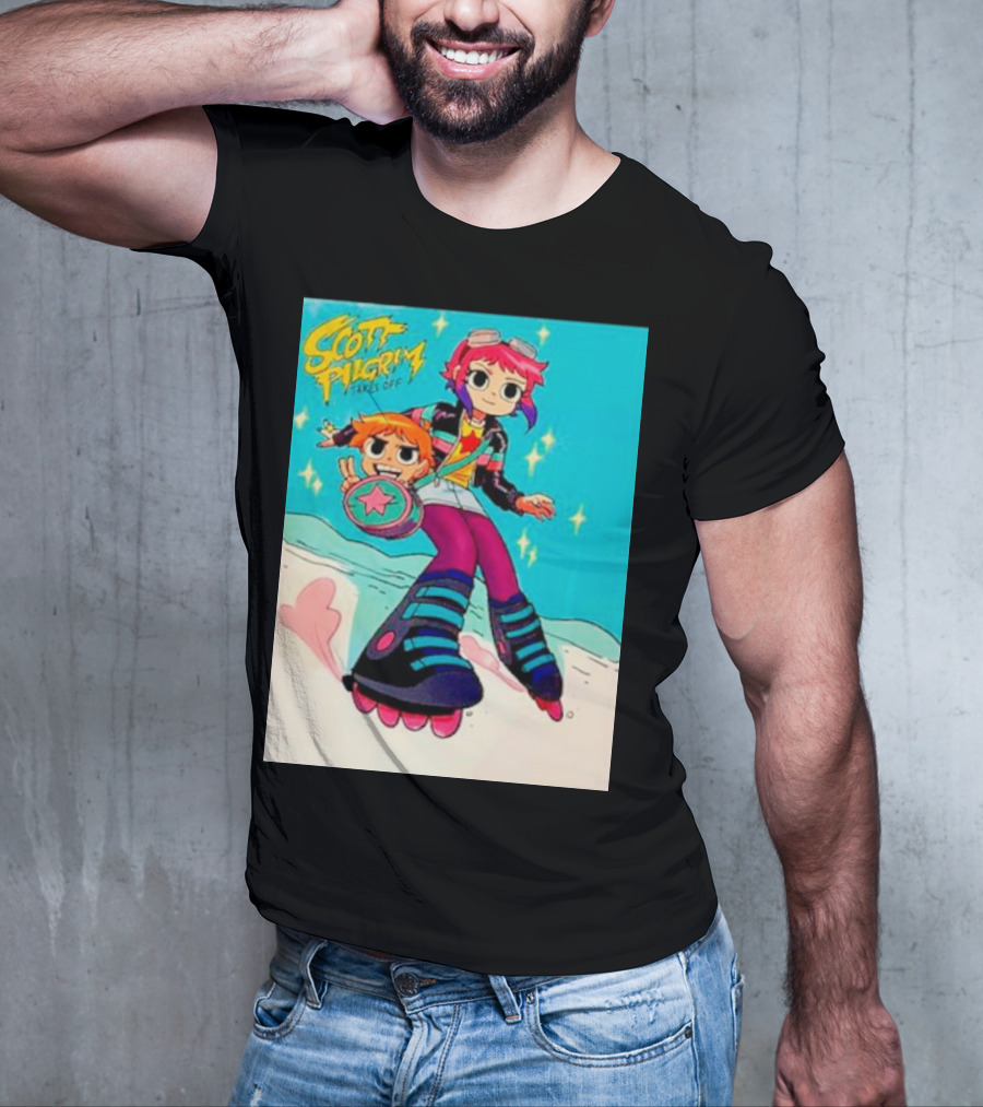 Scott Pilgrim Takes Off Roller Skating Adventure With Animated Style Characters T-Shirt