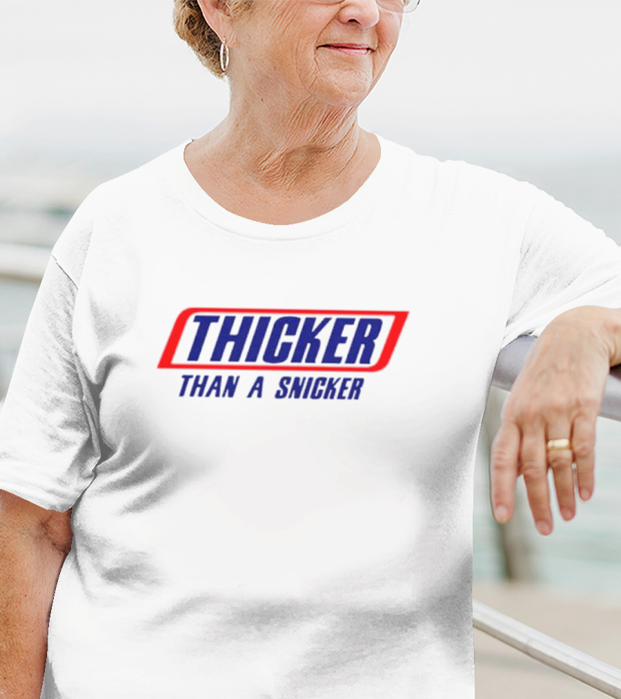 THICKER THAN A SNICKER Red And Blue Bold Diagonal Text T-Shirt