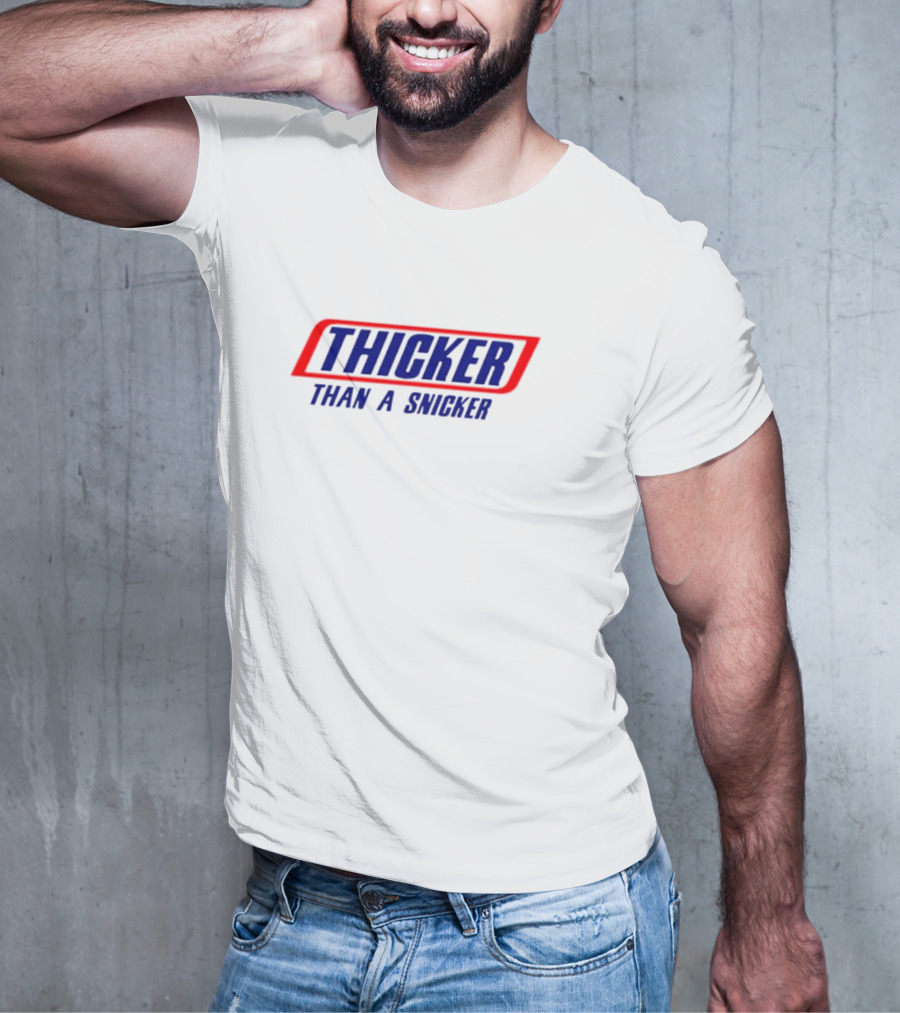 THICKER THAN A SNICKER Red And Blue Bold Diagonal Text T-Shirt