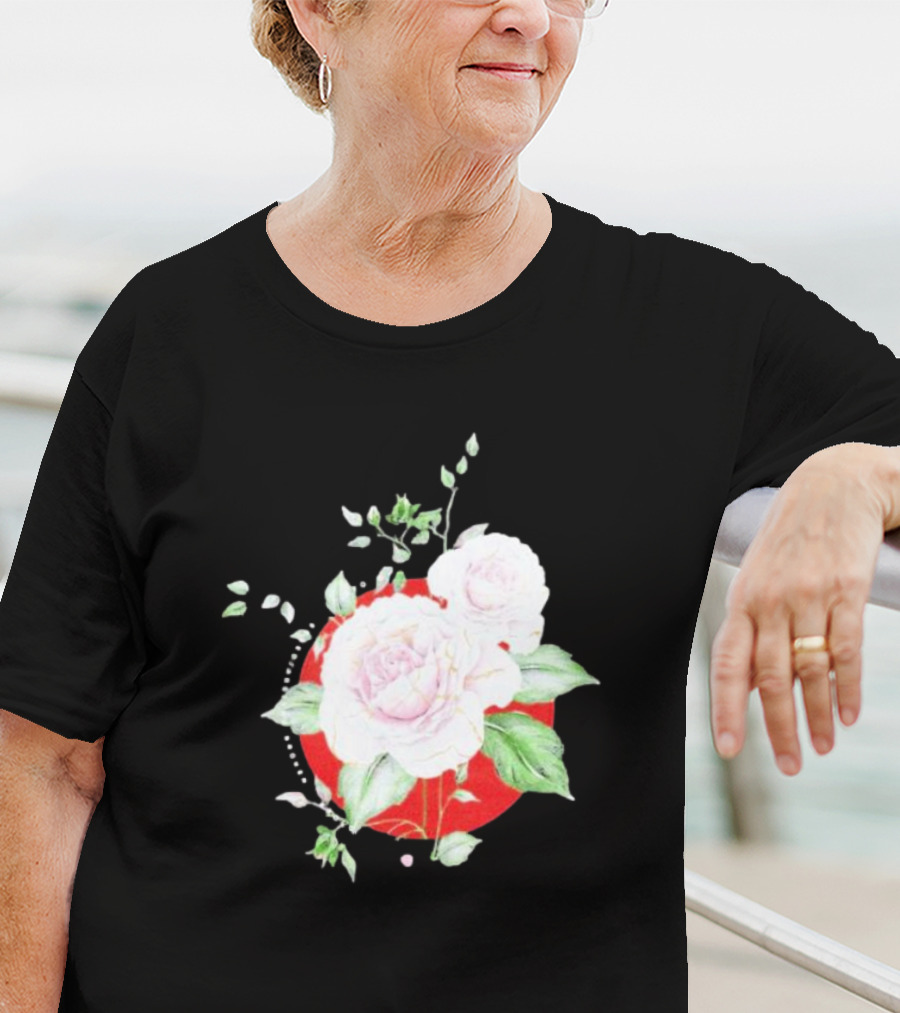 5Yr Kintsugi Rose Floral Design On Red Circle Background T-Shirt