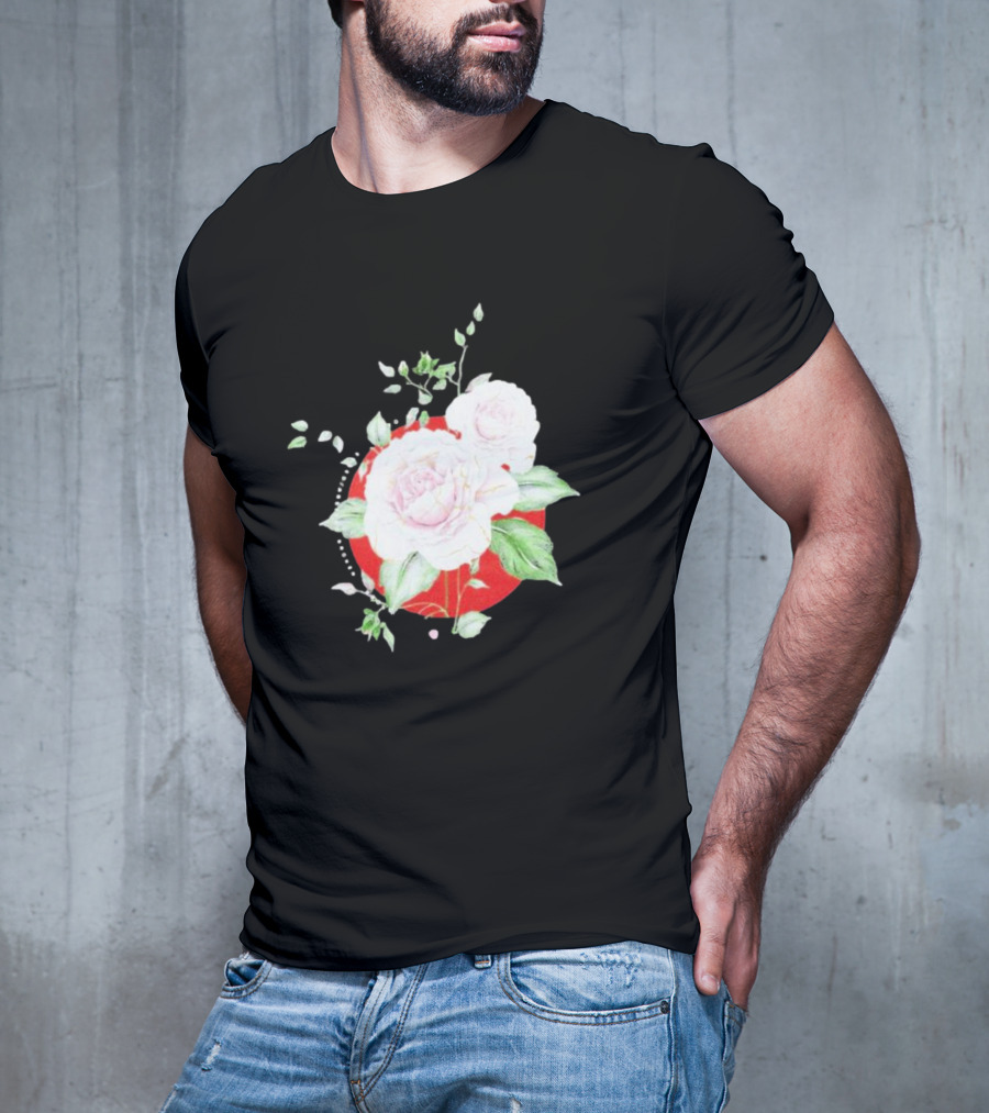 5Yr Kintsugi Rose Floral Design On Red Circle Background T-Shirt