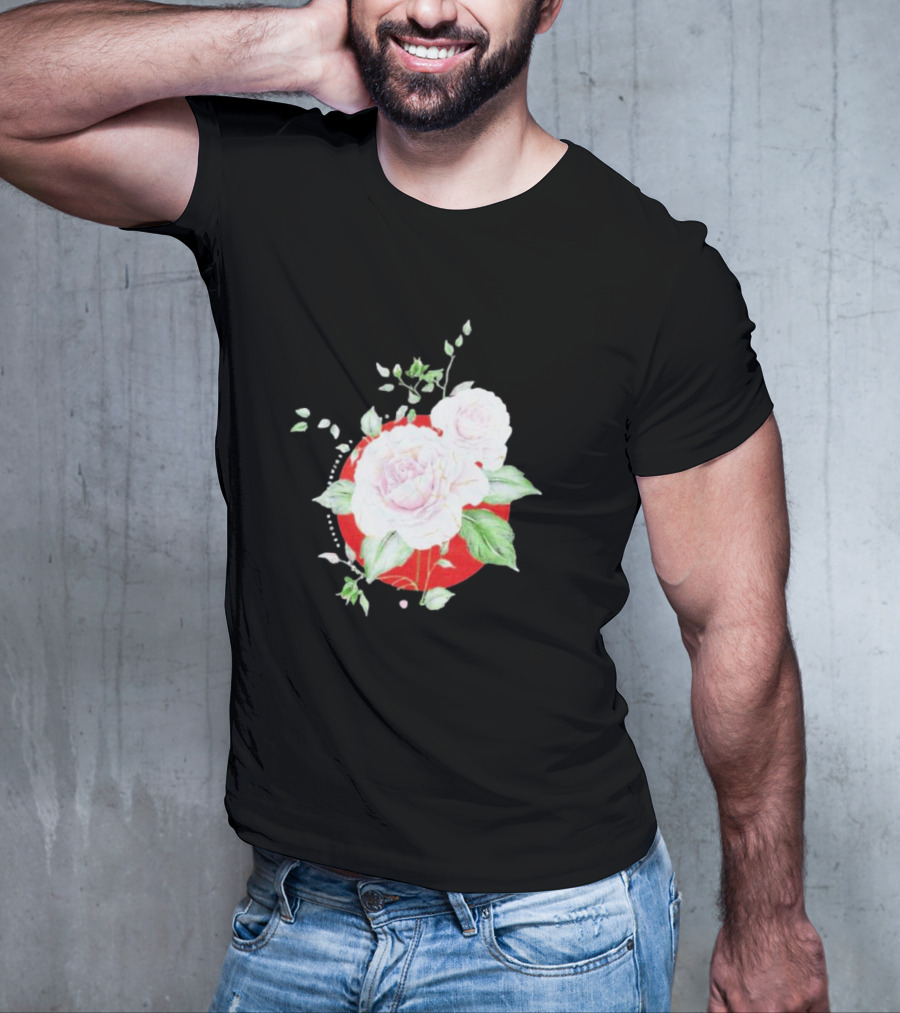 5Yr Kintsugi Rose Floral Design On Red Circle Background T-Shirt