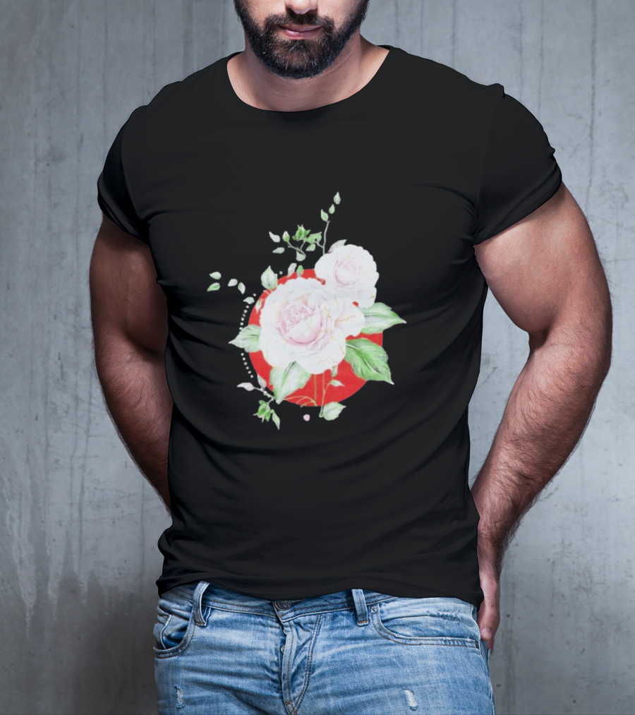 5Yr Kintsugi Rose Floral Design On Red Circle Background T-Shirt