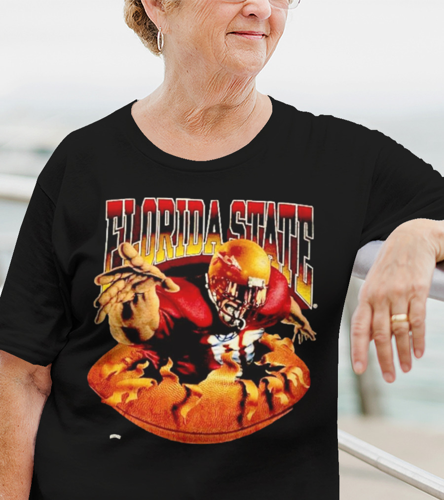 Florida State Seminoles FSU Football Player Emerging From Flames Two Sided Nutmeg T-Shirt