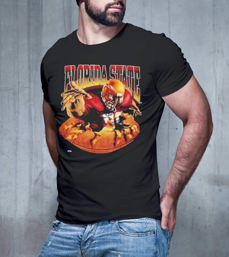 Florida State Seminoles FSU Football Player Emerging From Flames Two Sided Nutmeg T-Shirt