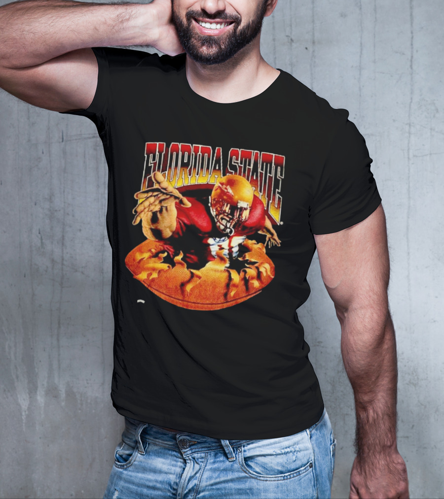 Florida State Seminoles FSU Football Player Emerging From Flames Two Sided Nutmeg T-Shirt