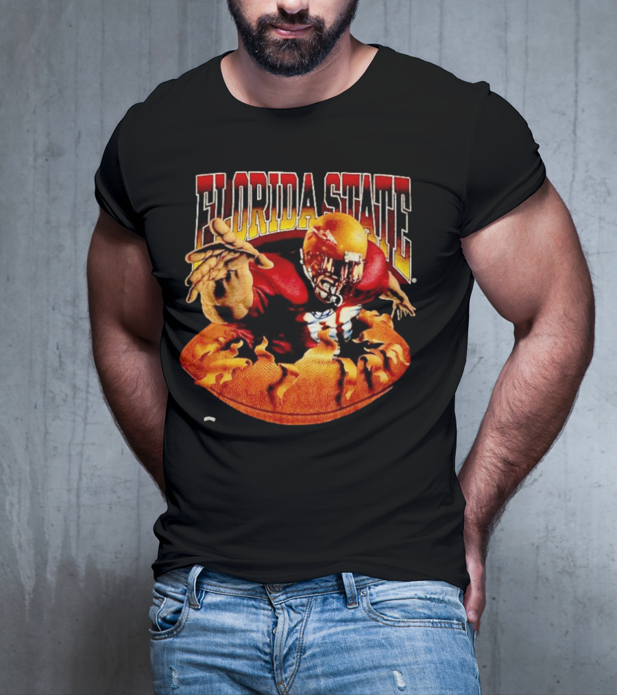 Florida State Seminoles FSU Football Player Emerging From Flames Two Sided Nutmeg T-Shirt