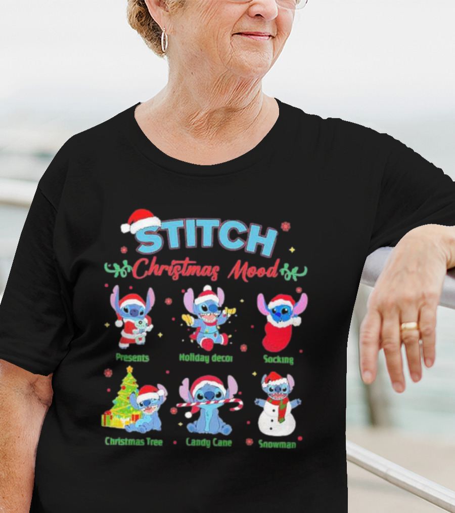 STITCH Christmas Mood Presents Holiday Decor Stocking Christmas Tree Candy Cane Snowman T-Shirt